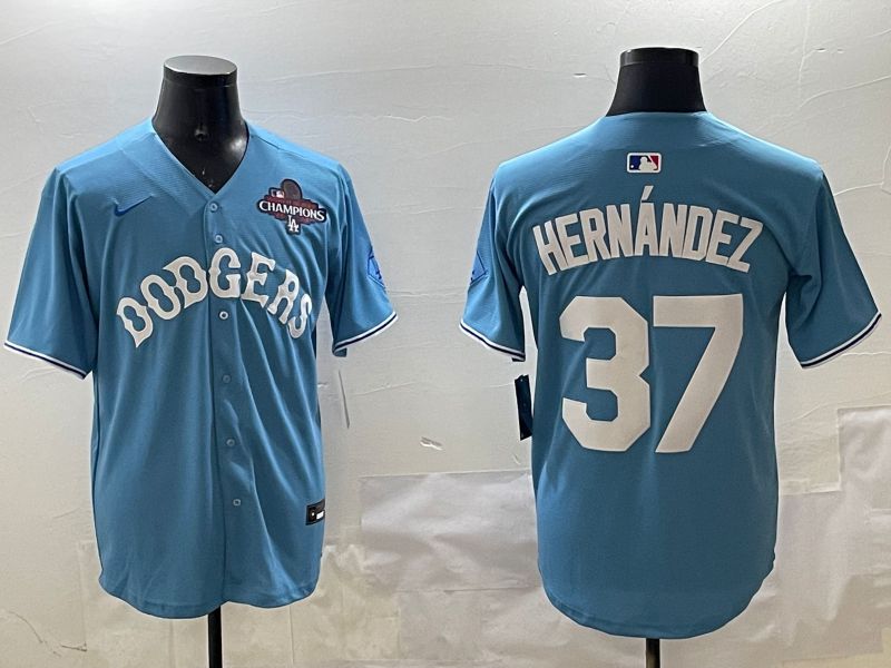 Men Los Angeles Dodgers 37 Hernandez Light Blue Joint Name 2025 Nike MLB Jersey style 17